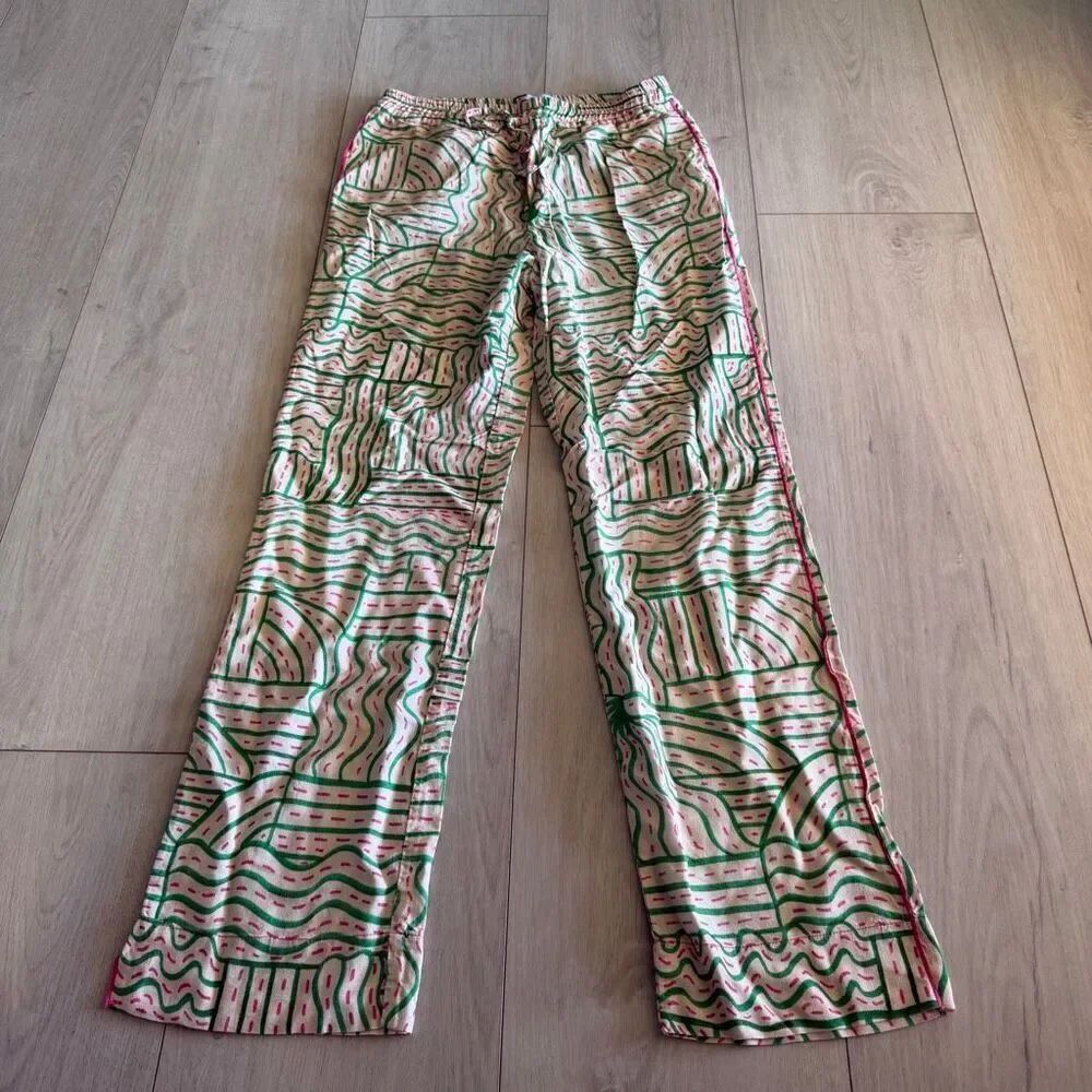 Zara Linen Blend Graffiti Print Pant  Cream Green Pink Jogger Pajama Trouser siz